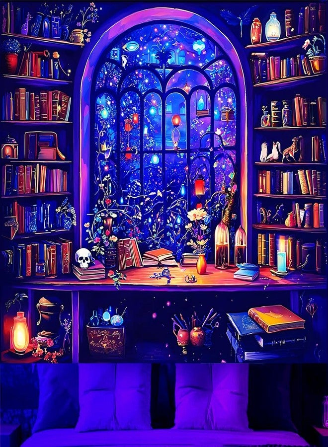 TUGCAY Blacklight Bookshelf Tapestry UV Reactive Magic Books Tapestry Fantasy Library Skull Tapestries Gothic Magical Potion Bottle Wall Hanging for Bedroom Dorm Decor(51.2 x 59.1 inches) - Image 2